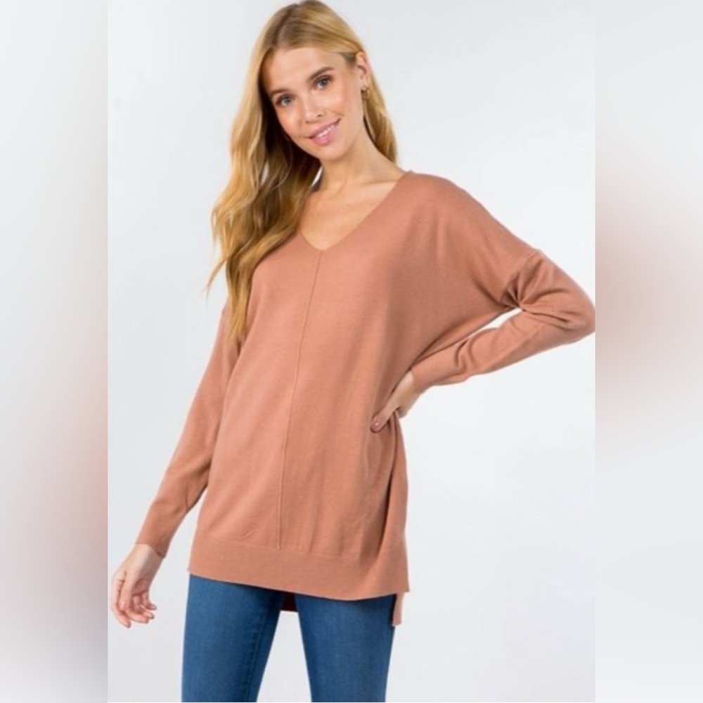 DREAMERS V-Neck Sweater Tunic Orange Neutral Long‎ Sleeve Oversized Dolman Large